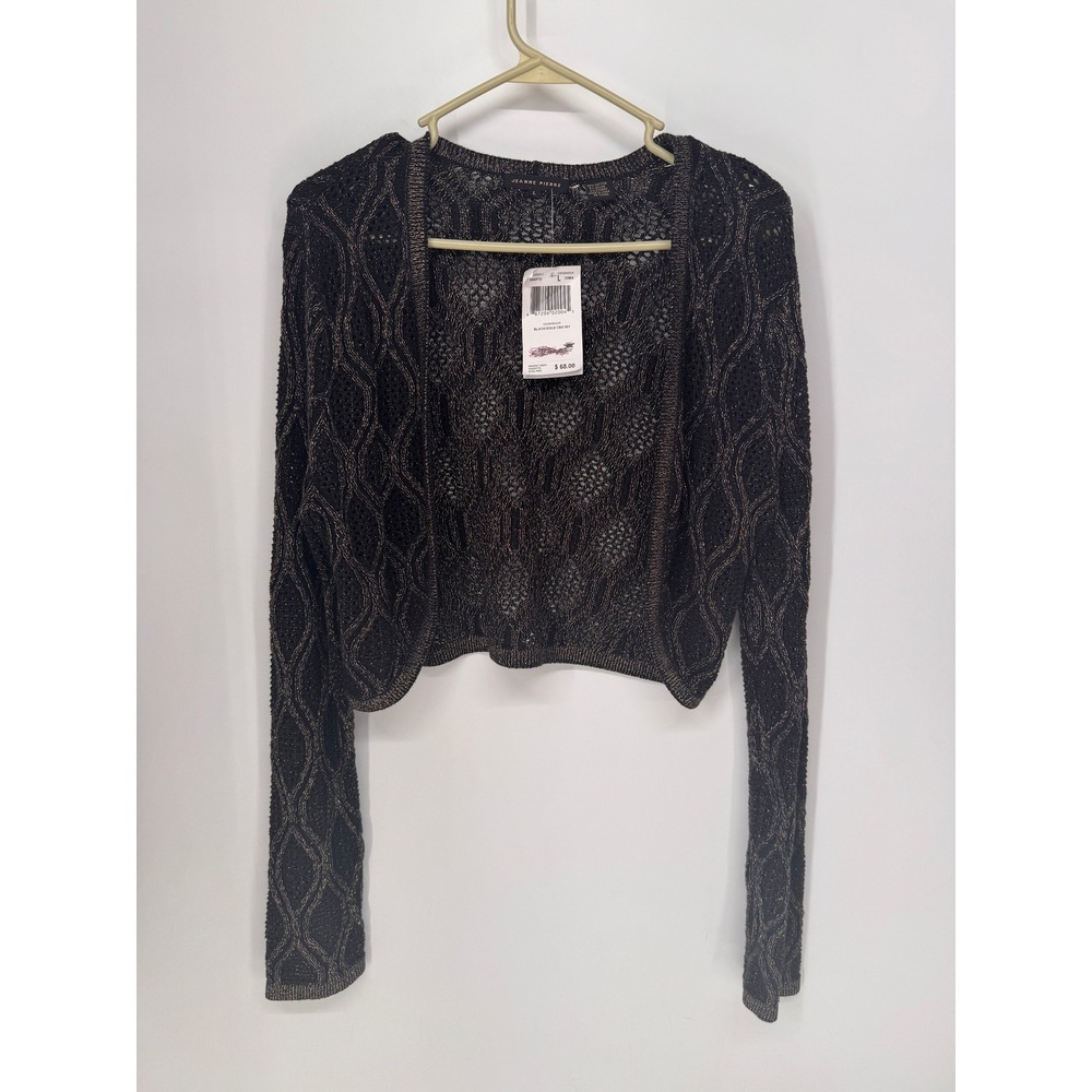 Jeanne Pierre Cardigan Women L Black Gold NWT Metallic Open Knit Cropped Shimmer